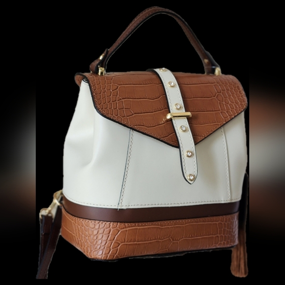 NWT ❗️ House of Harlow  1960 mini backpack cream and brown leather crystal stud - Picture 3 of 13